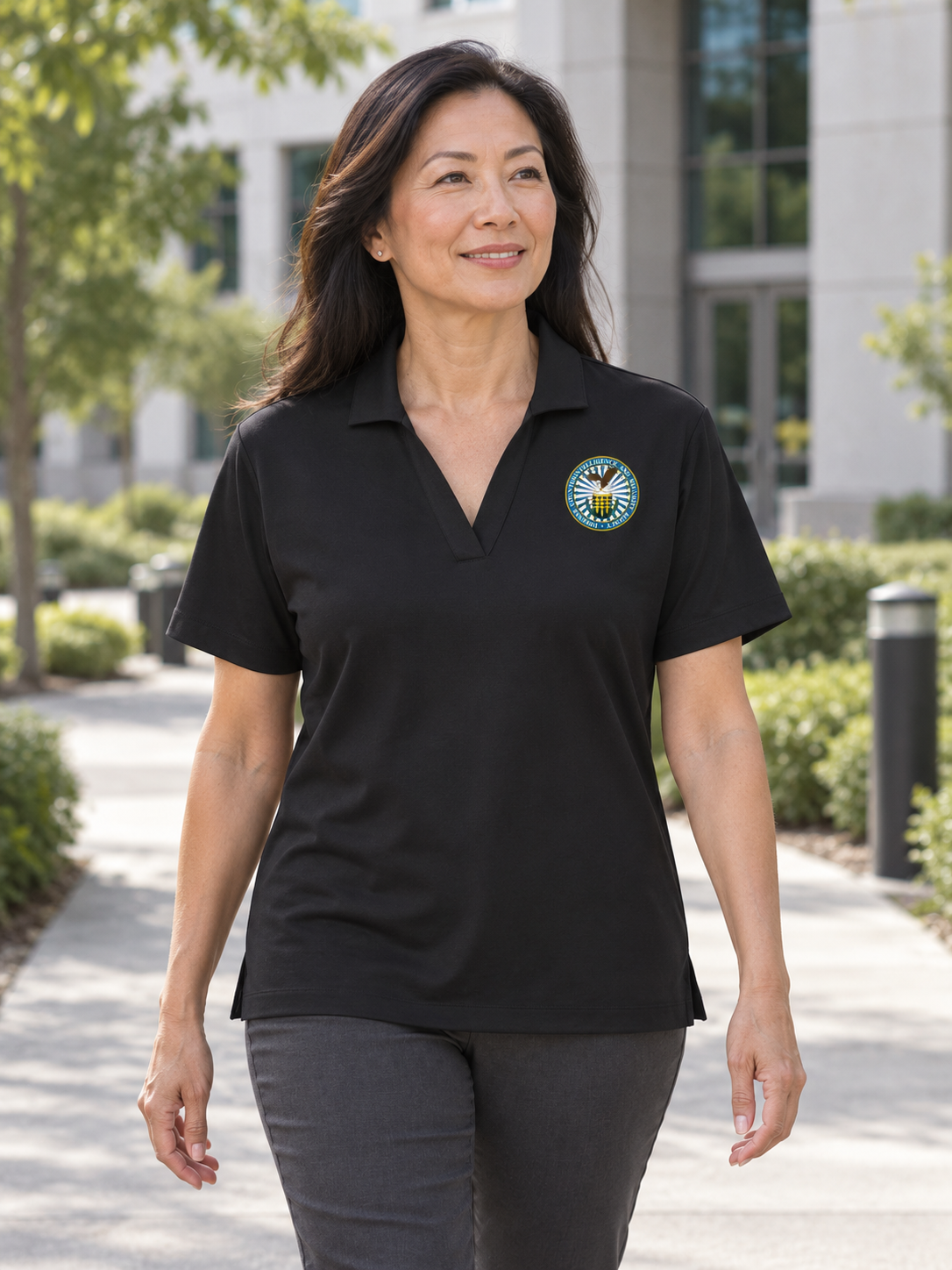 DCSA - Women’s Stretch Jersey Polo — Black lifestyle view