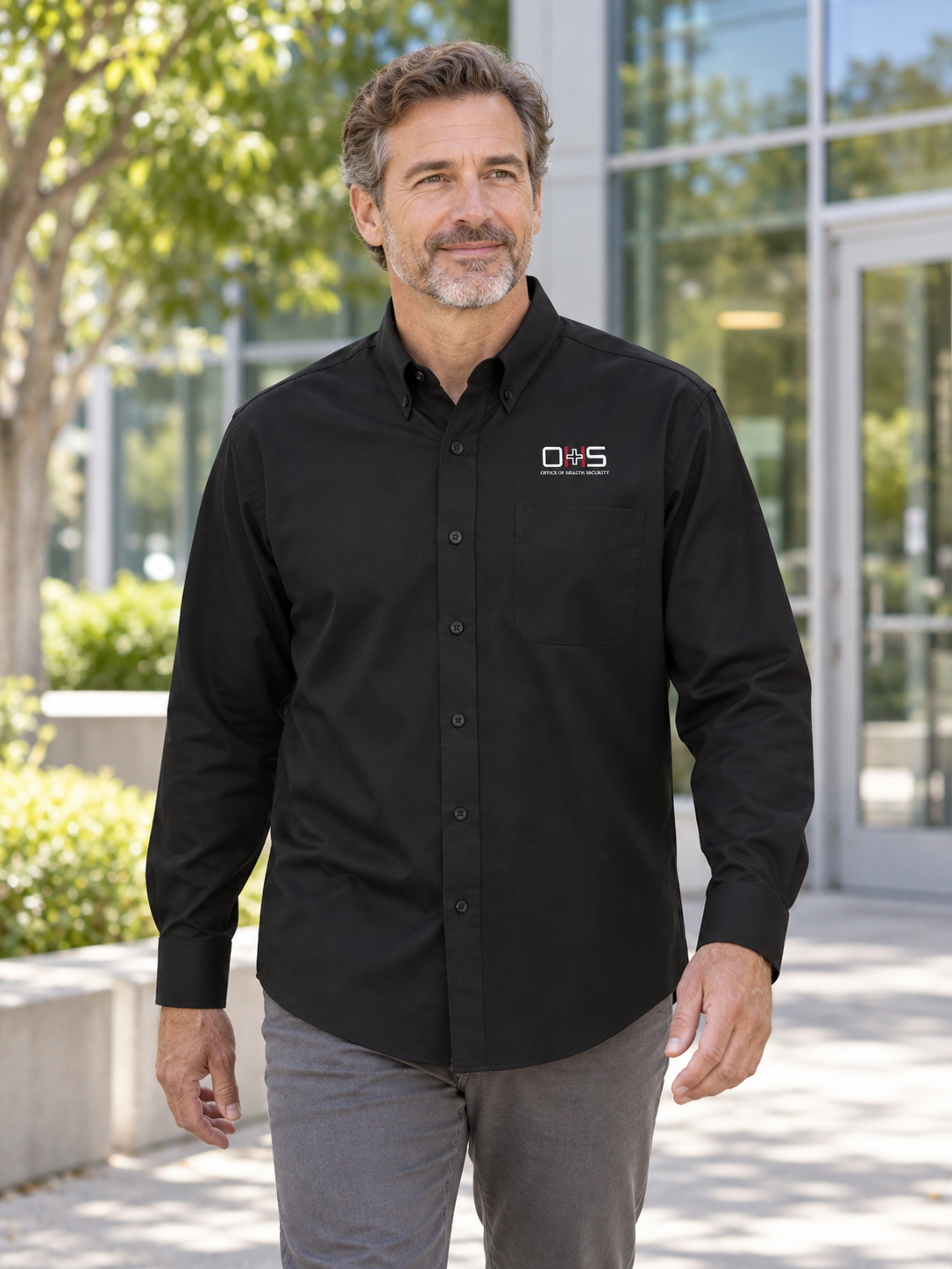 OHS Logo - Men's Executive Agency Long Sleeve — Black lifestyle view
