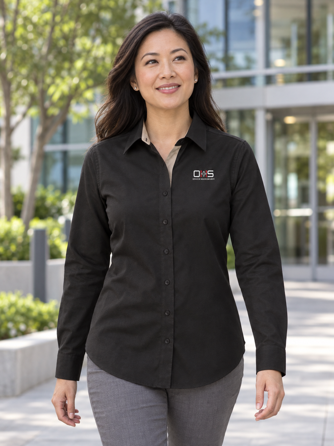 OHS Logo - Women's Executive Agency Long Sleeve — Black lifestyle view
