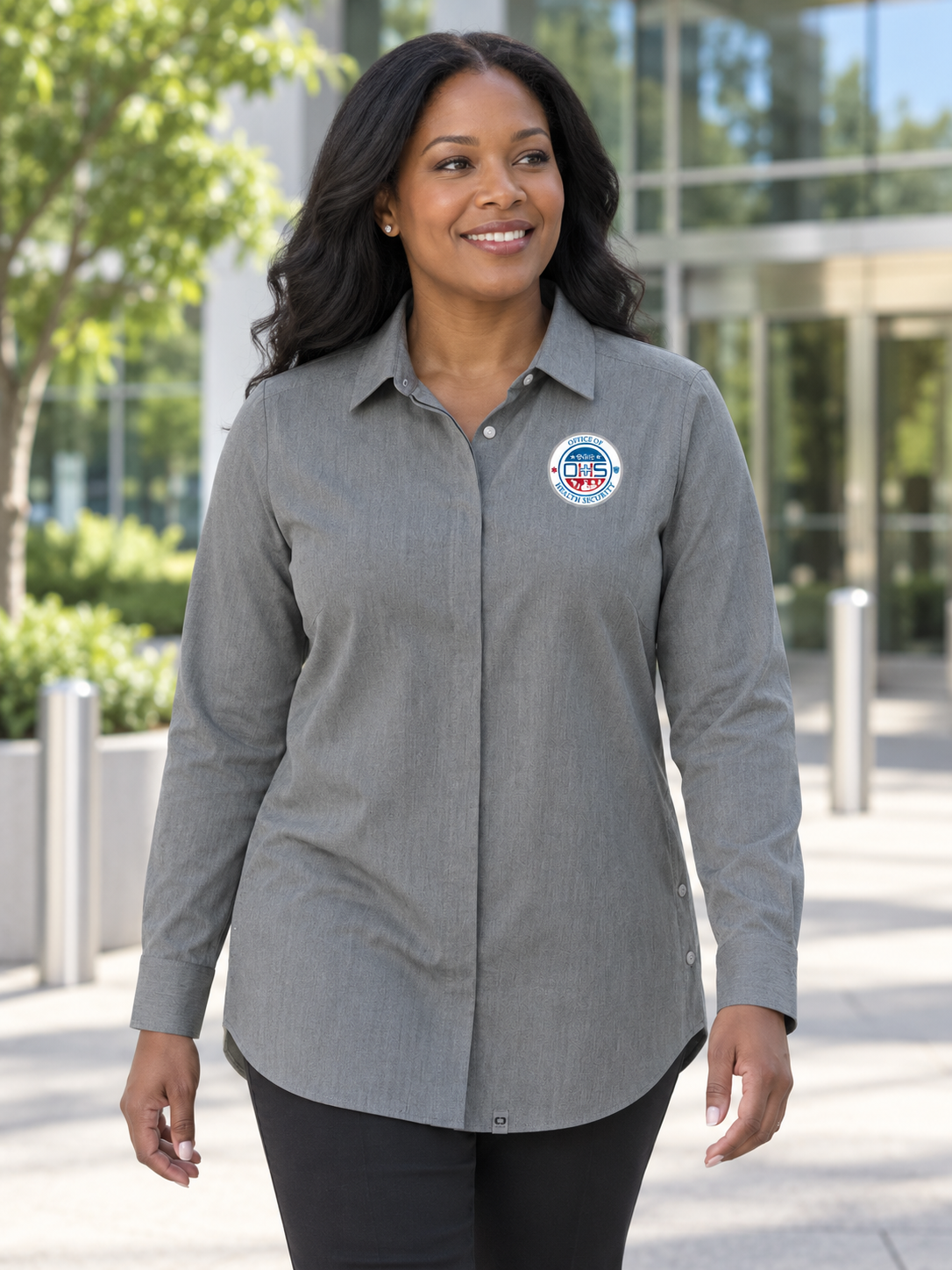 OHS Seal - Ladies Commuter Woven Tunic — Slate Gray lifestyle view