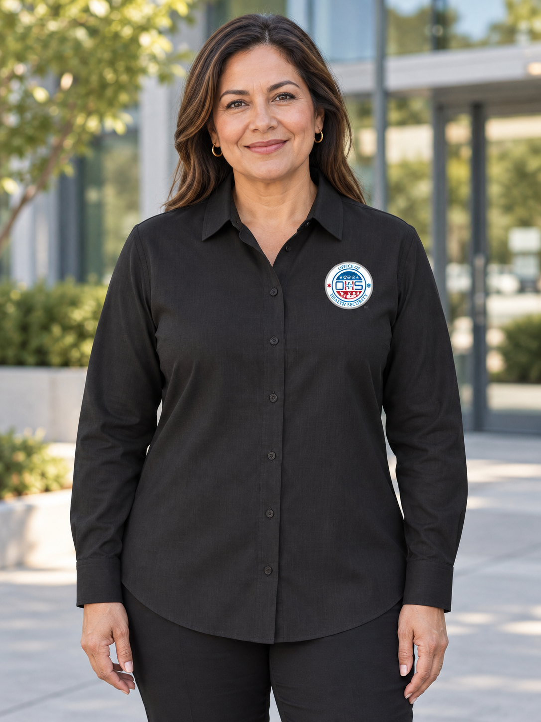 OHS Seal - Women’s Long Sleeve Stretch Woven Shirt — Black lifestyle view