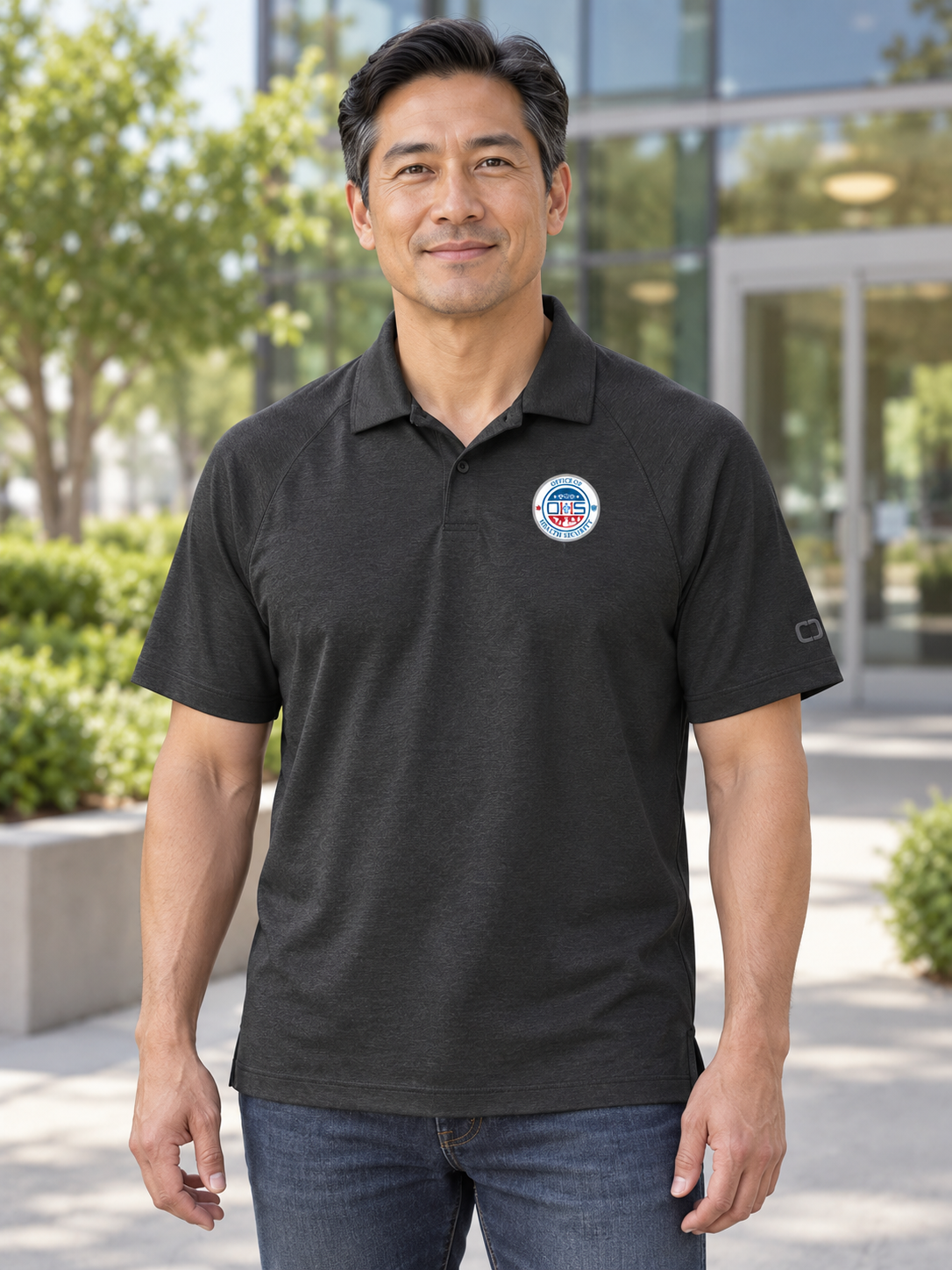 OHS Seal -Motion Polo — Black lifestyle view