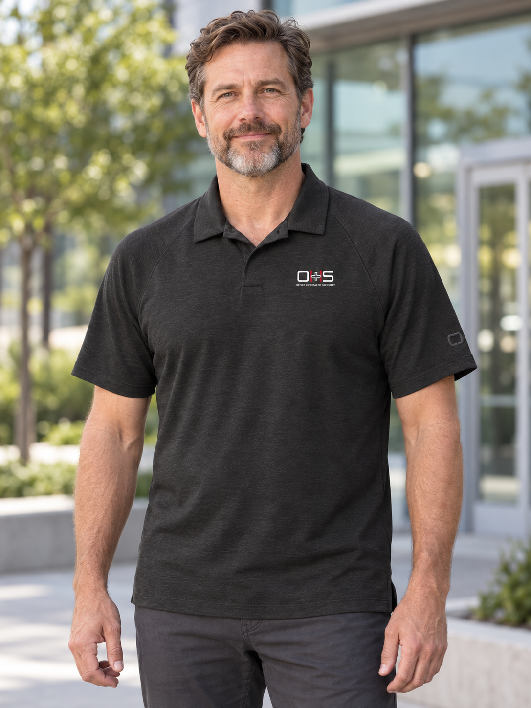 OHS Logo -Motion Polo — Black lifestyle view