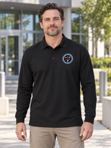 CWMD Men's Long Sleeve Agency Polo — Black lifestyle view