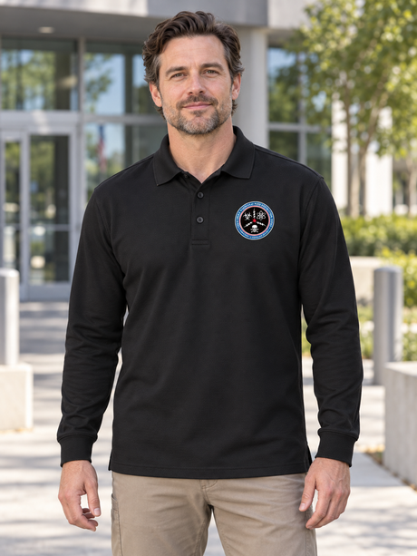 CWMD Men's Long Sleeve Agency Polo — Black lifestyle view