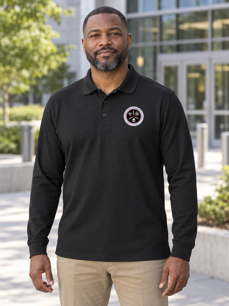 CWMD Men's Long Sleeve Agency Polo — Black lifestyle view