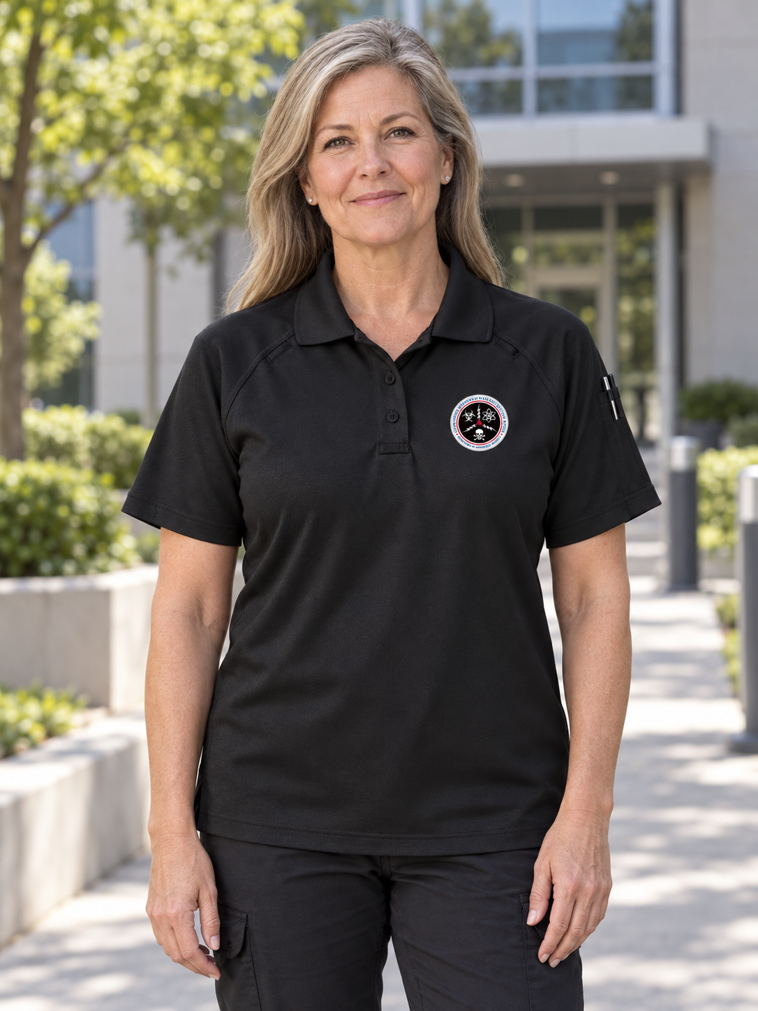 CWMD Women's Tactical Short Sleeve Polo — Black lifestyle view