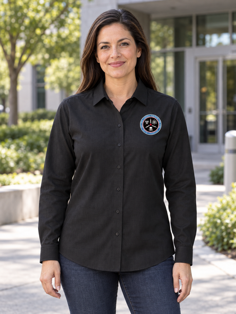 CWMD Mercer+Mettle™ Women’s Long Sleeve Stretch Woven Shirt — Black lifestyle view