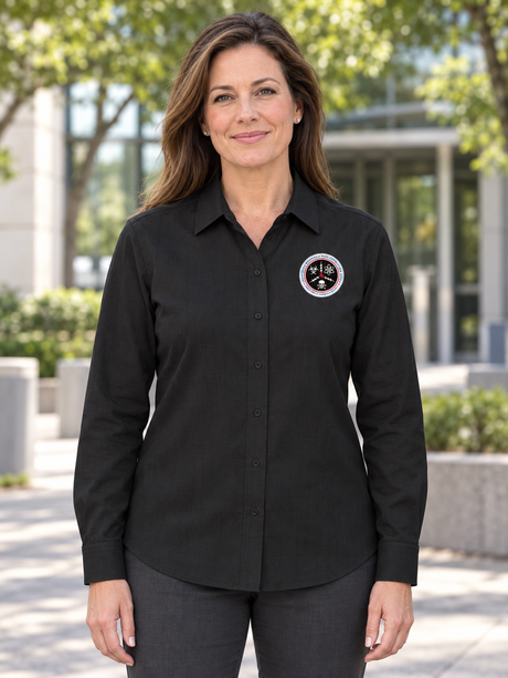 CWMD Mercer+Mettle™ Women’s Long Sleeve Stretch Woven Shirt — Black lifestyle view