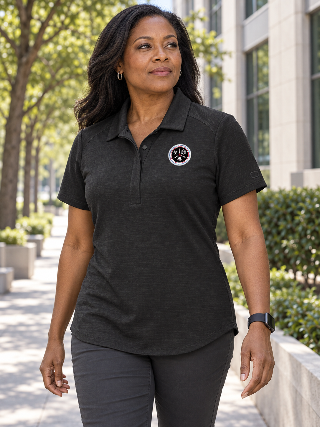 CWMD Ladies Motion Polo — Black lifestyle view