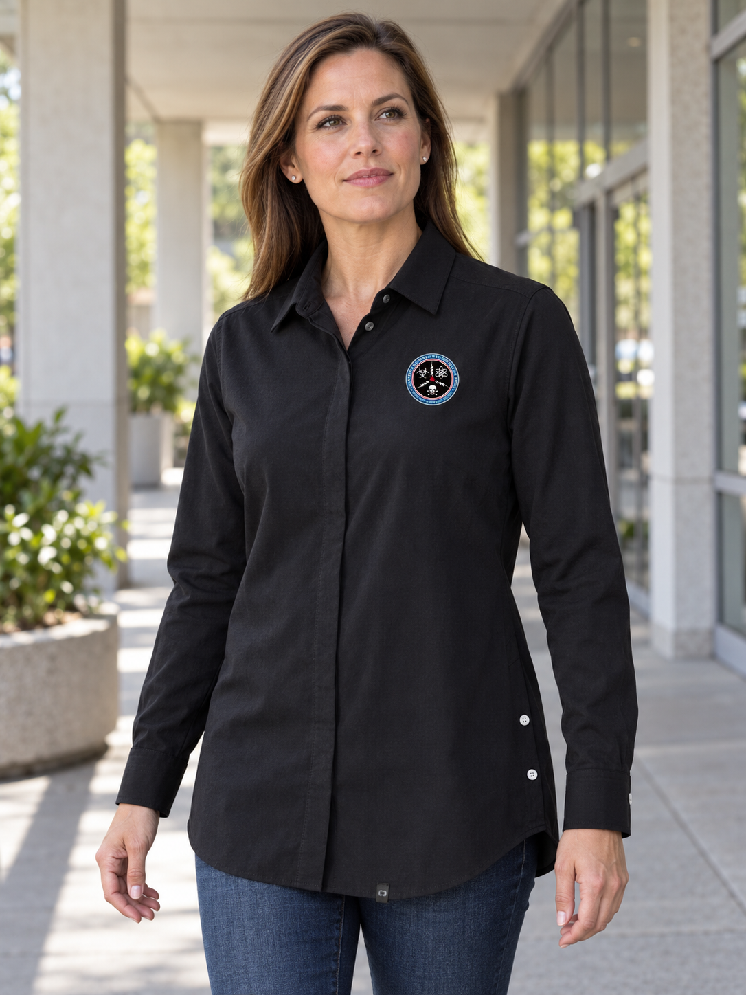 CWMD Women's Commuter Woven Tunic — Black lifestyle view