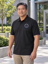 CWMD Men's Short Sleeve Agency Polo — Black lifestyle view