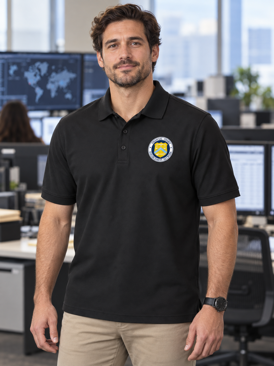 FINCEN Men's Polo — Black lifestyle view
