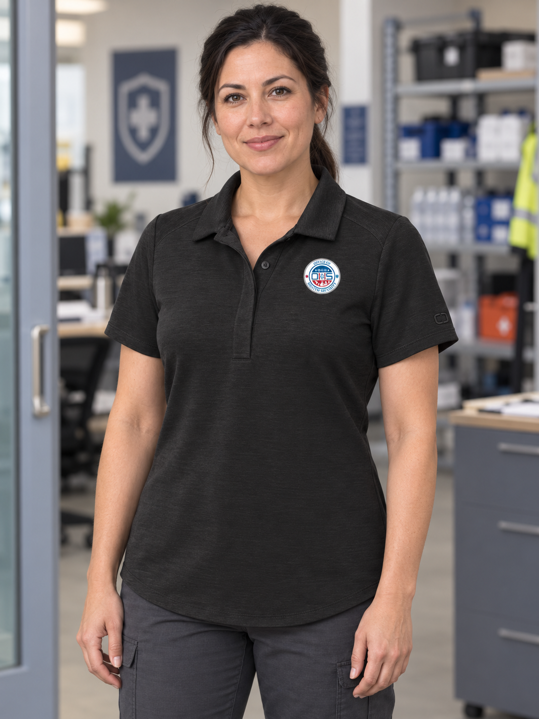 OHS Women's Polo — Black lifestyle view