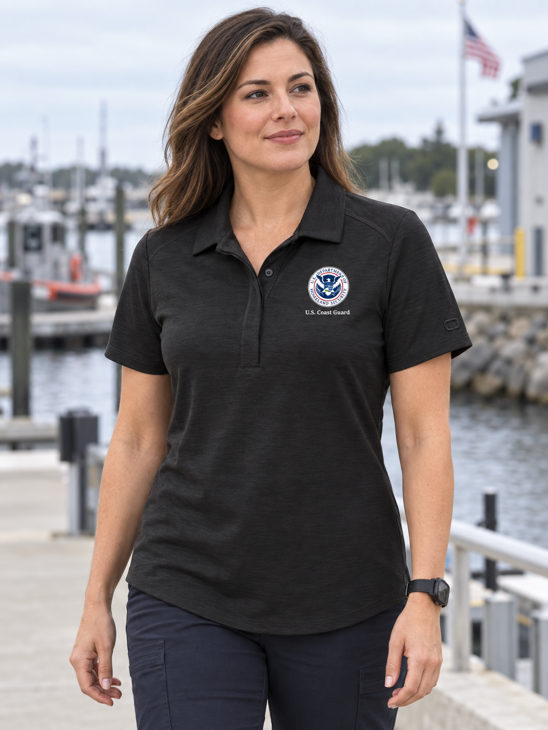 USCG Women's Polo — Black lifestyle view