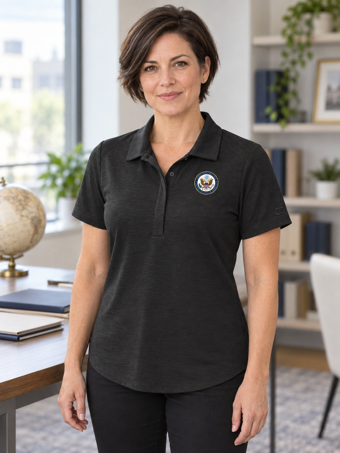 DOS Women's Polo — Black lifestyle product photograph