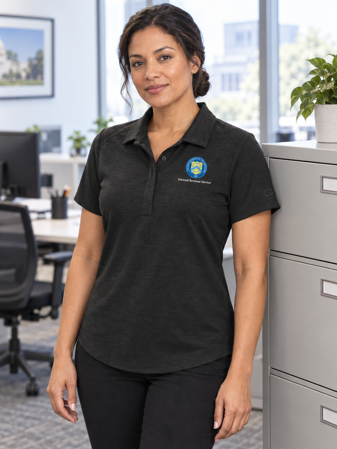 IRS Women's Polo — Black lifestyle product photograph