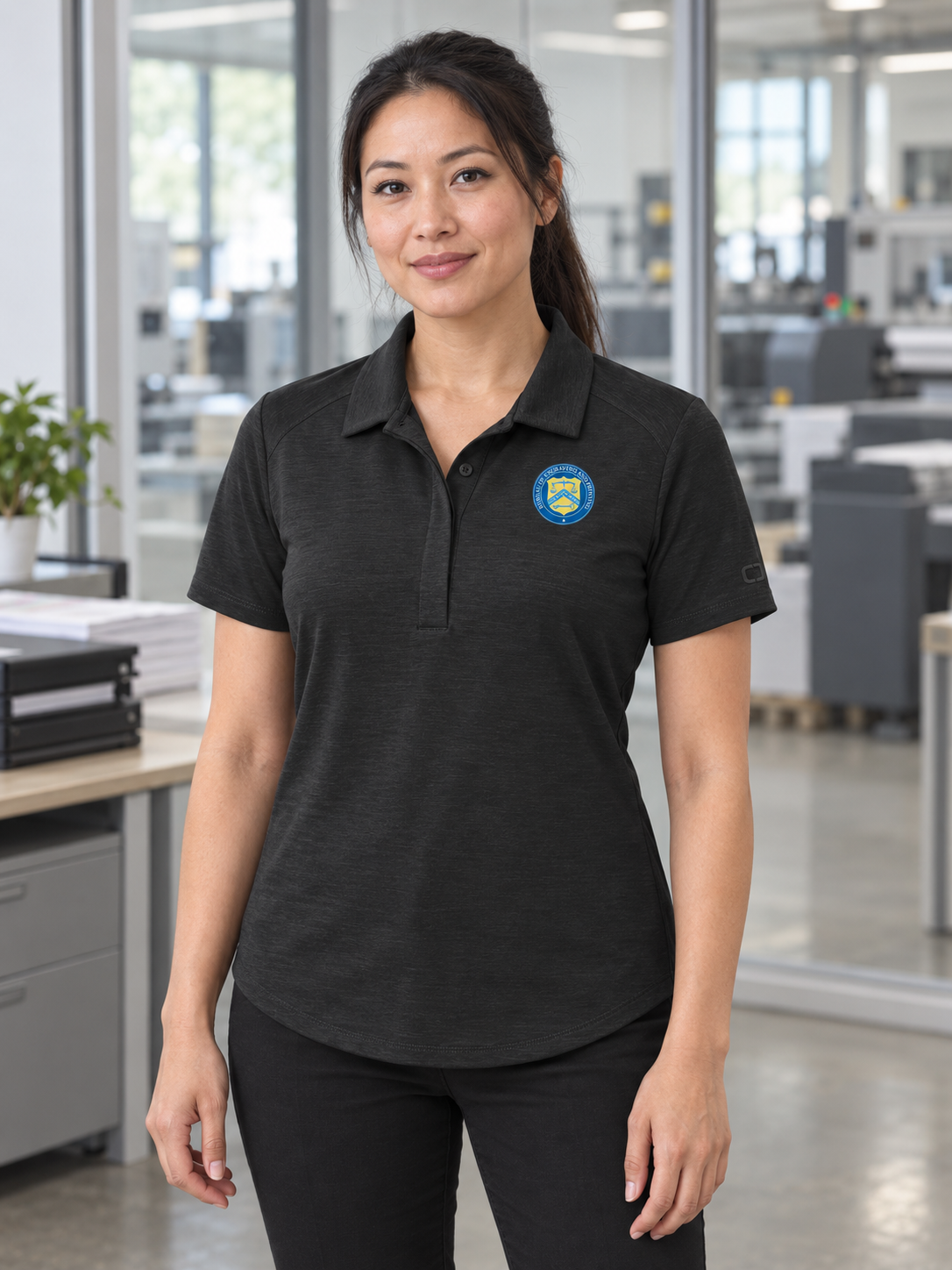 BEP Women's Polo — Black lifestyle product photograph