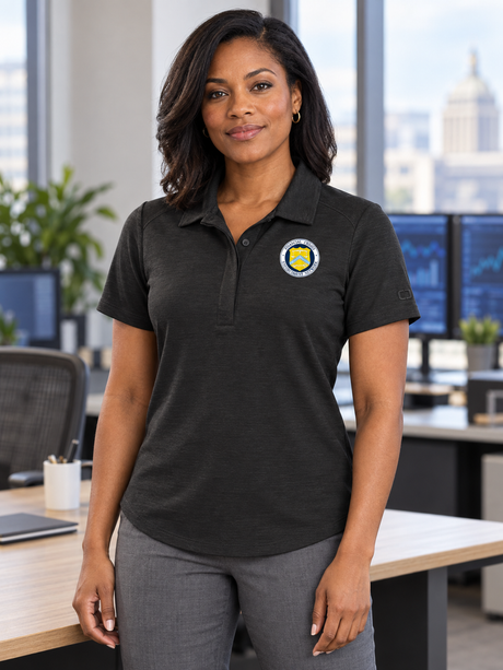 FINCEN Women's Polo — Black lifestyle product photograph