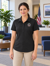 VA  Women's Polo — Black lifestyle product photograph