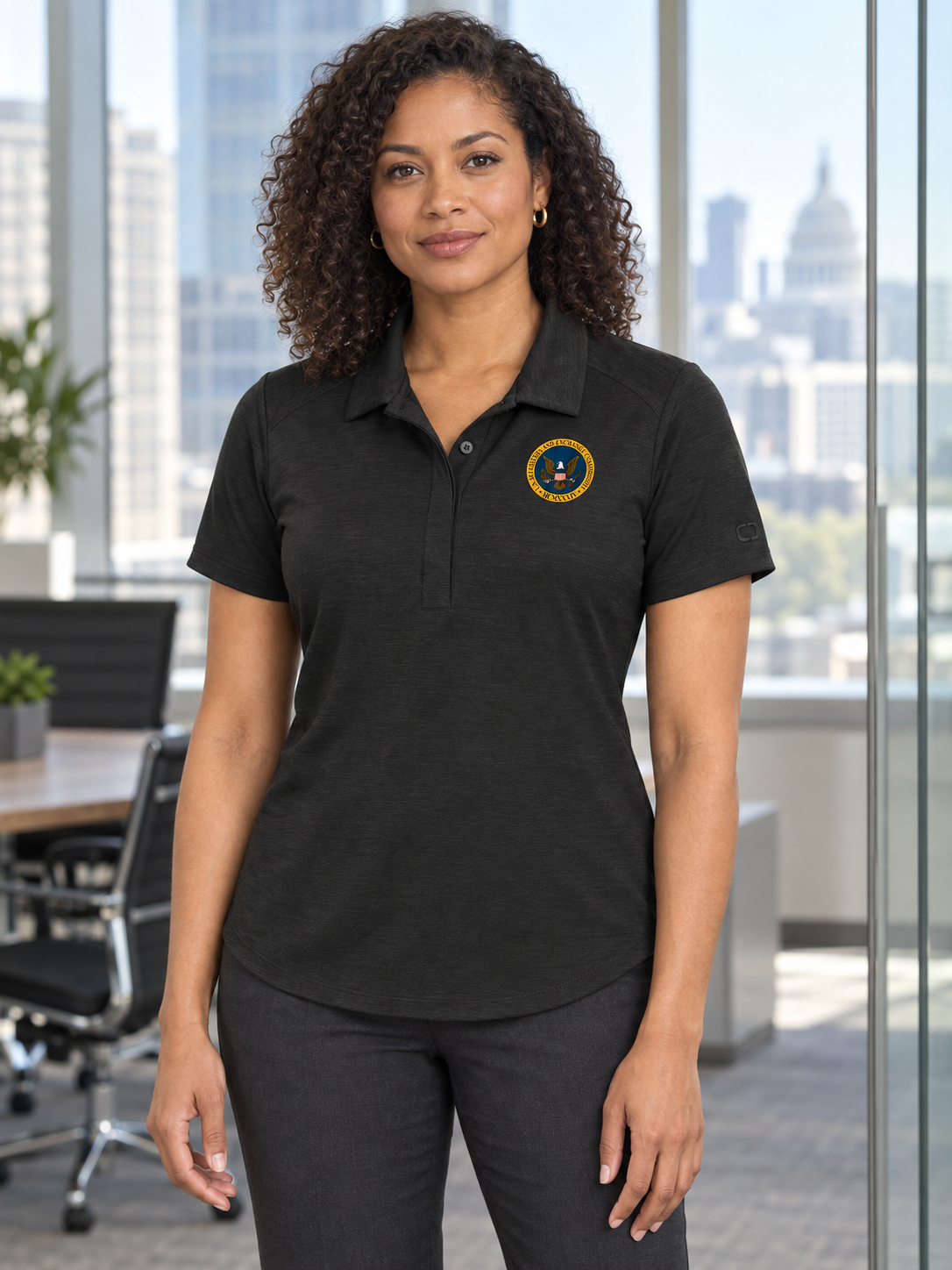 SEC Women's Polo — Black lifestyle product photograph