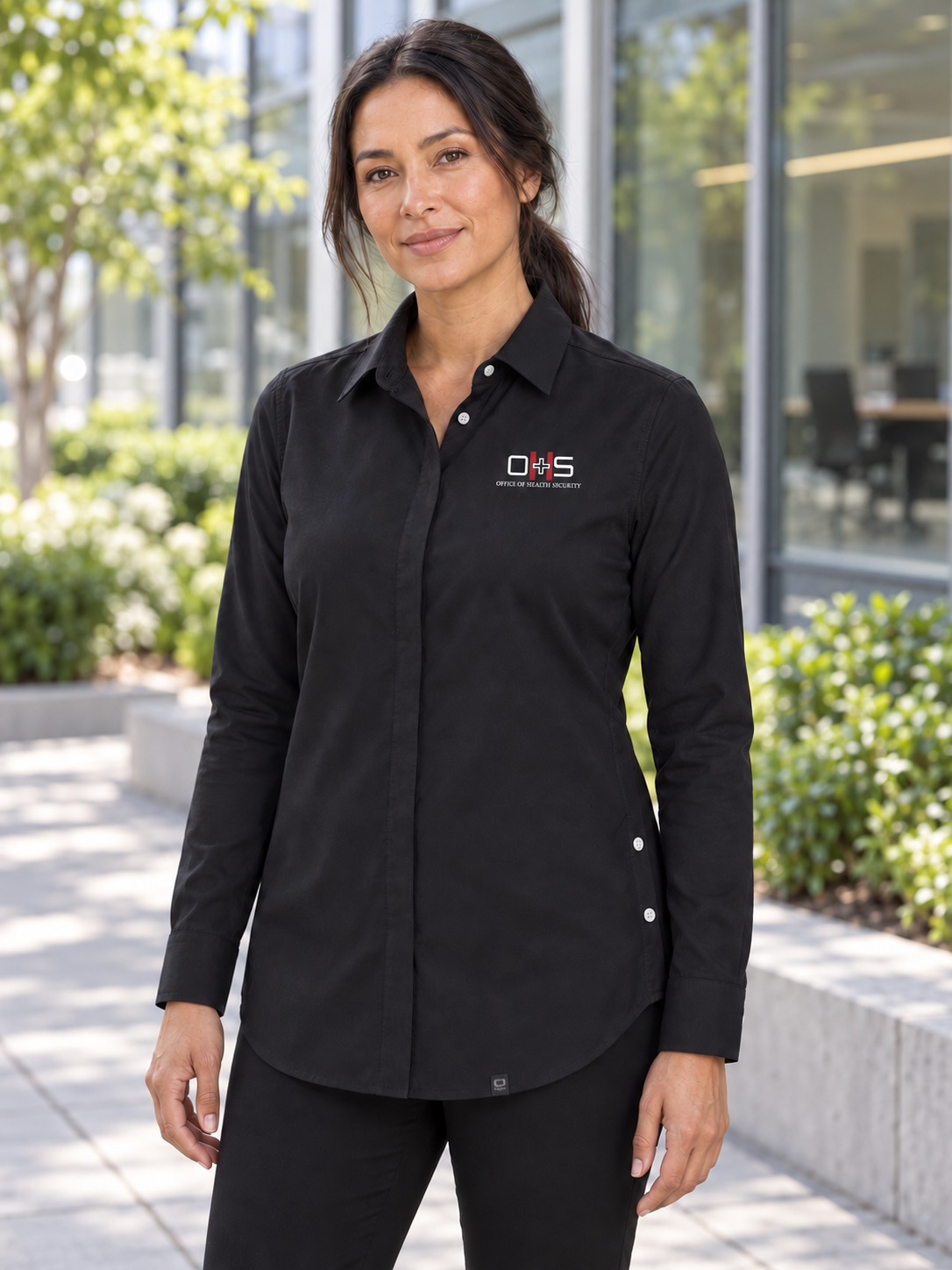 OHS Women's Commuter Shirt — Black lifestyle product photograph