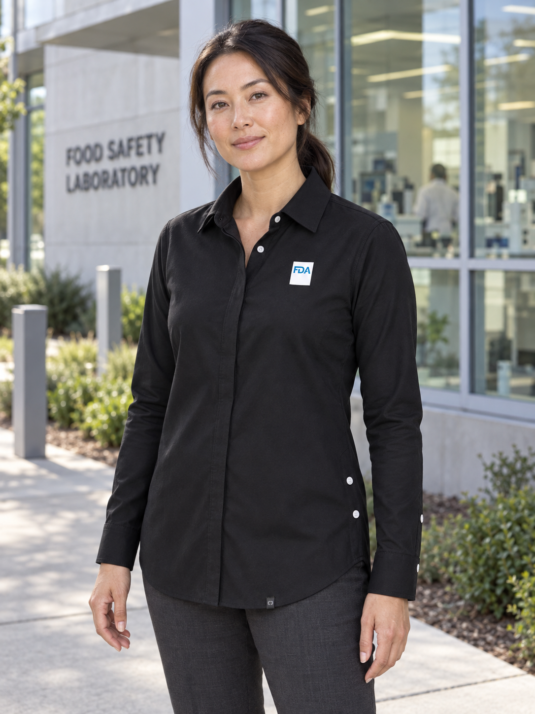 FDA Women's Commuter Shirt — Black lifestyle product photograph