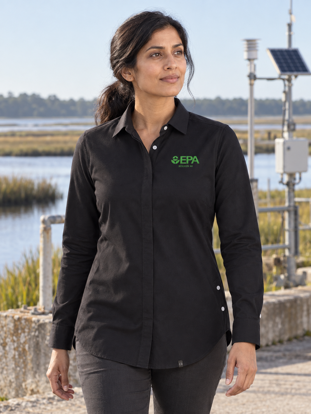 EPA By Region Women's Commuter Shirt — Black lifestyle product photograph