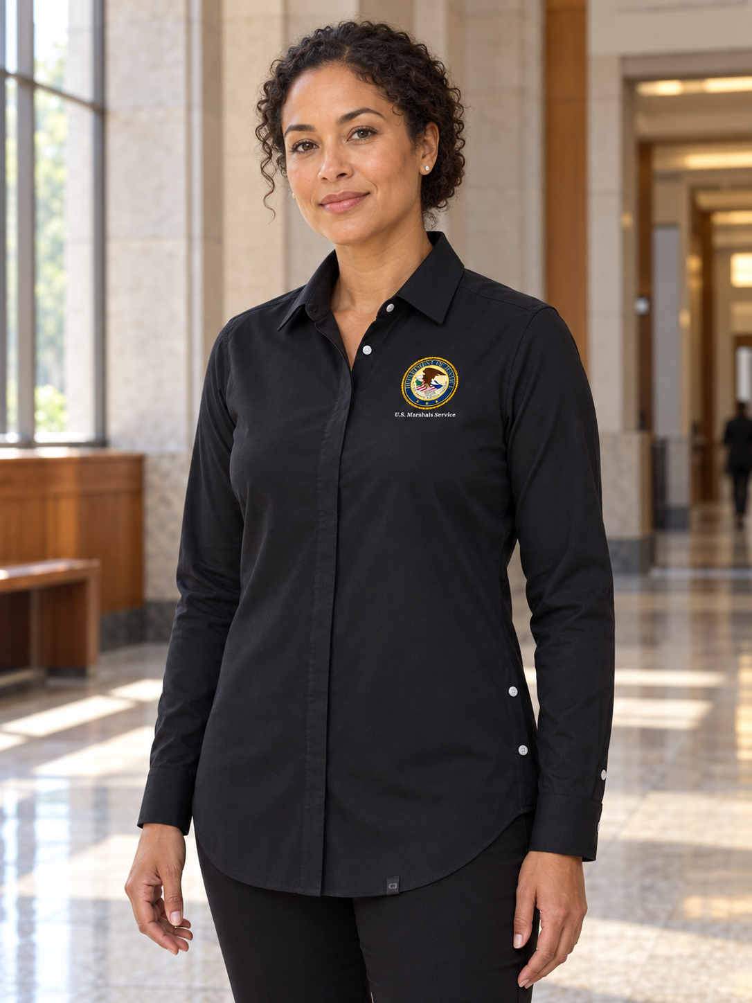 USMS Women's Commuter Shirt — Black lifestyle product photograph