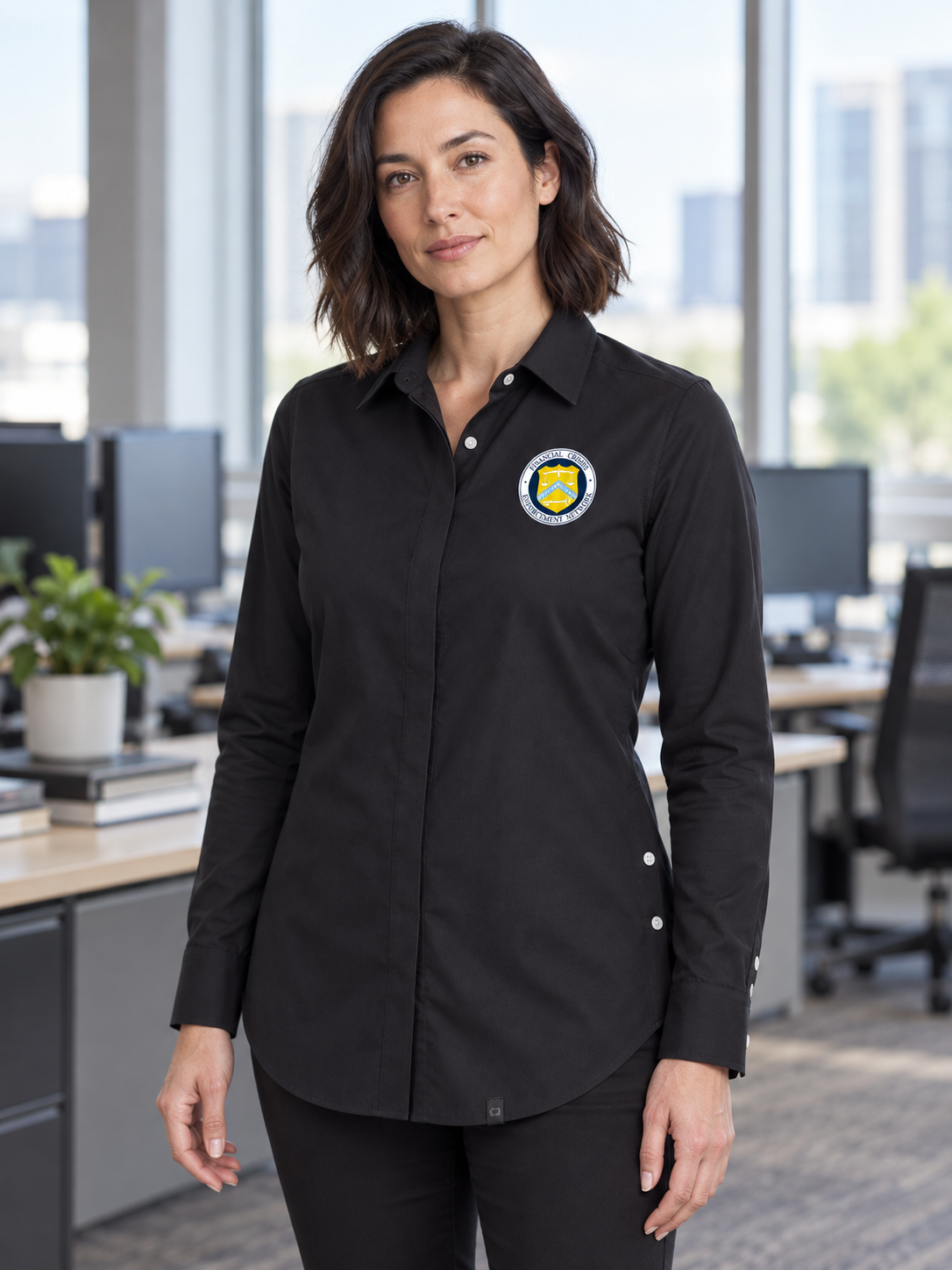 FINCEN Women's Commuter Shirt — Black lifestyle product photograph