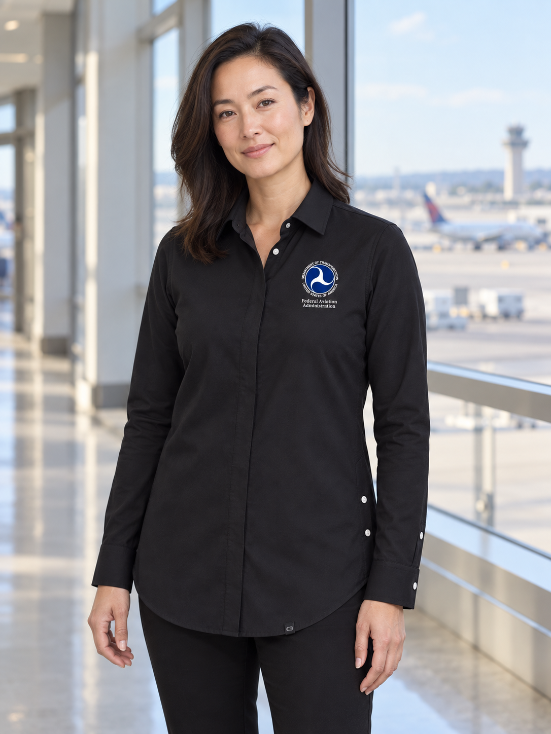 FAA Women's Commuter Shirt — Black lifestyle product photograph