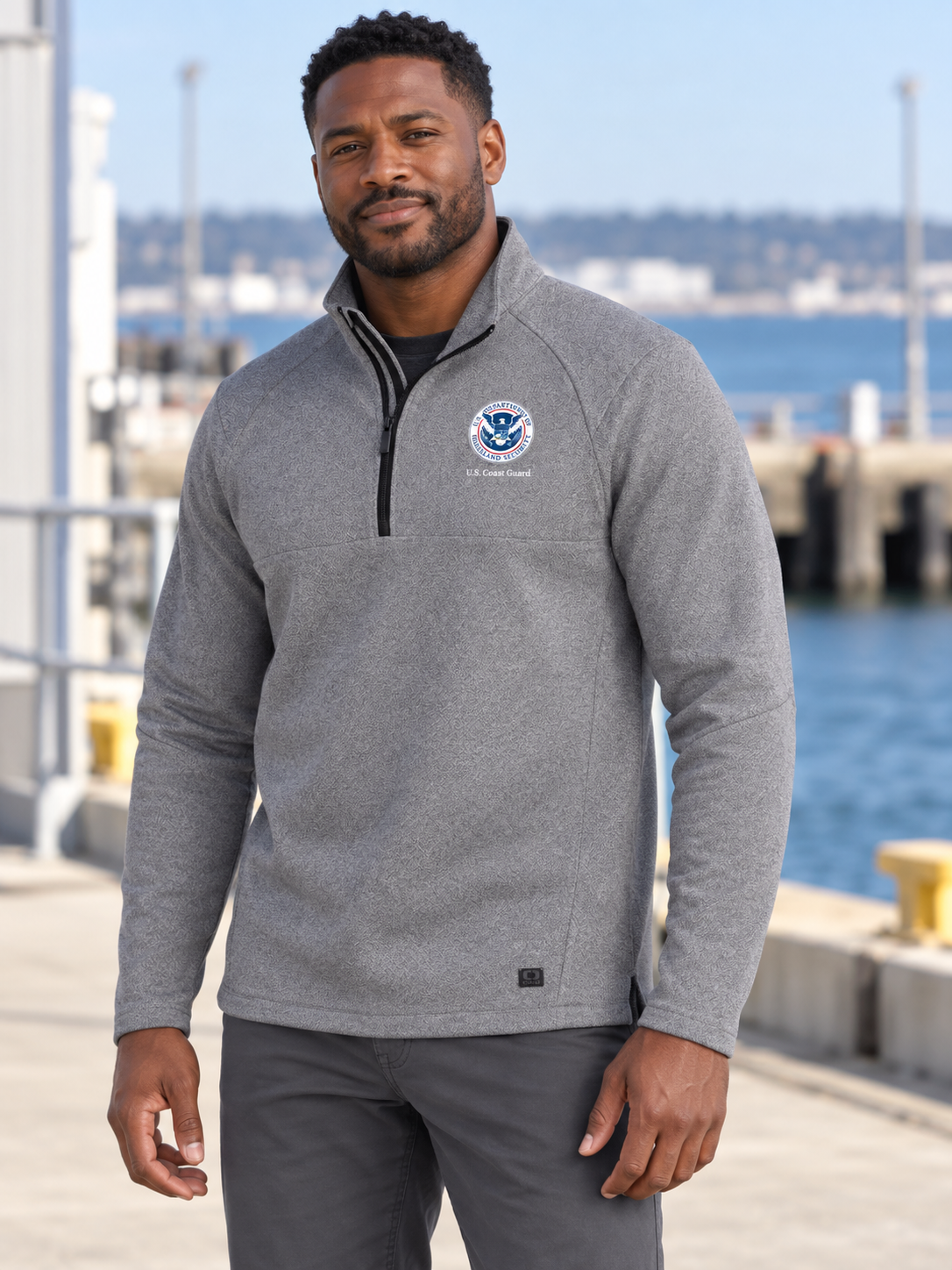 USCG Men's Transition Quarter Zip — Light Gray lifestyle product photograph