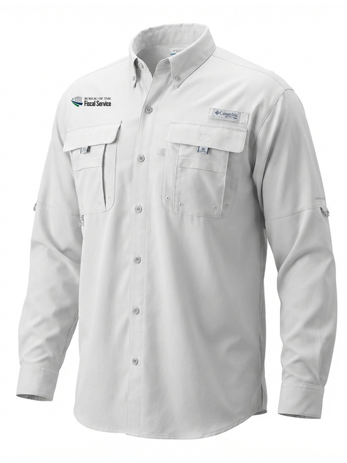 The Bureau of the Fiscal Service (BFS) Men's Columbia Bahama™ II Button Up Long-Sleeve  White government employee uniform shirt