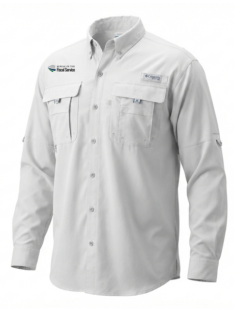 The Bureau of the Fiscal Service (BFS) Men's Columbia Bahama™ II Button Up Long-Sleeve  White government employee uniform shirt