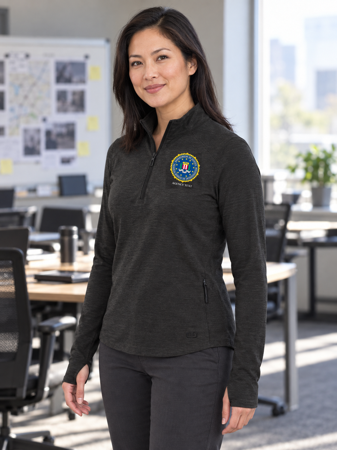 Lifestyle photograph of the existing product color and garment with product-specific source artwork.