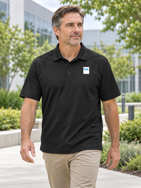 FDA men's black K540 polo with exact source FDA wordmark
