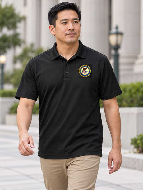 Department of Justice men's black K540 polo with actual source Justice seal