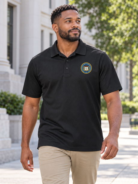 Black ATF men's Dri Fit polo with its exact source ATF seal only at a federal office exterior
