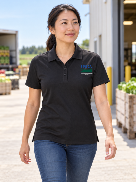 Agricultural Marketing Service women's black polo lifestyle portrait