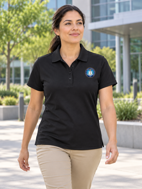 Food and Drug Administration, circular FDA seal women's black polo lifestyle portrait