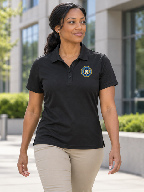 Bureau of Alcohol, Tobacco, Firearms and Explosives — ATF seal women's black polo lifestyle portrait