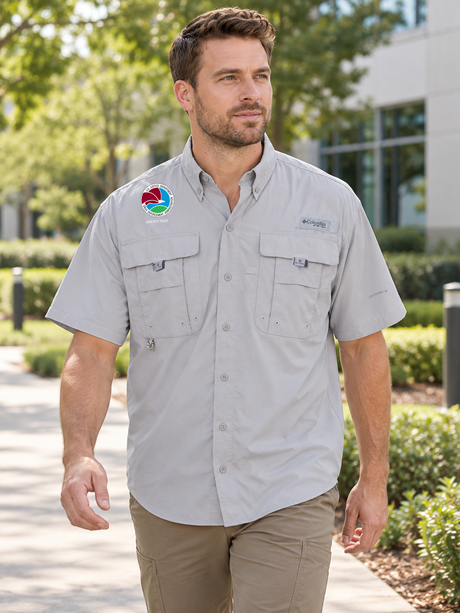DEA logo men's Columbia Bahama II shirt in Cool Grey, lifestyle portrait