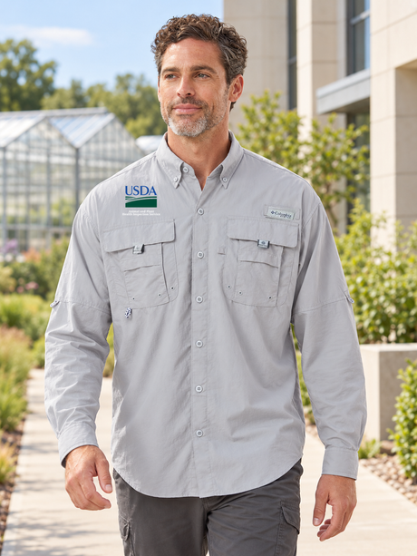 APHIS men's Columbia Bahama II long sleeve in Cool Grey, agricultural administration lifestyle portrait