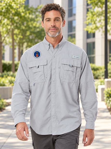 Department of Labor Men's Columbia Bahama II in Cool Grey, administrative office campus lifestyle portrait with this product's exact original Department of Labor seal.