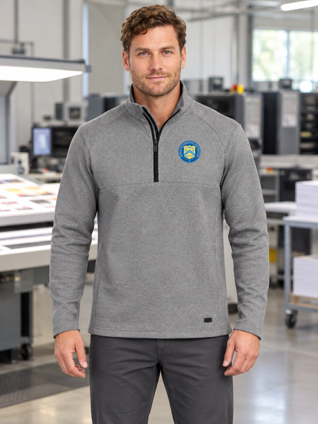BEP men's Light Gray OGIO Transition Quarter Zip, lifestyle view with source-matched chest artwork