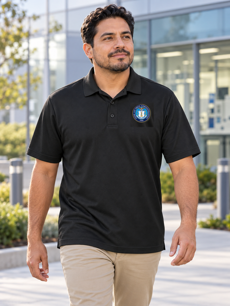 FDA men's black K540 Dri Fit polo outside a laboratory, with source-matched Food and Drug Administration seal