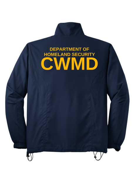 DHS Countering Weapons of Mass Destruction Office (CWMD) Men's Sport Tek Full-Zip Wind Jacket Navy Blue back government employee uniform shirt