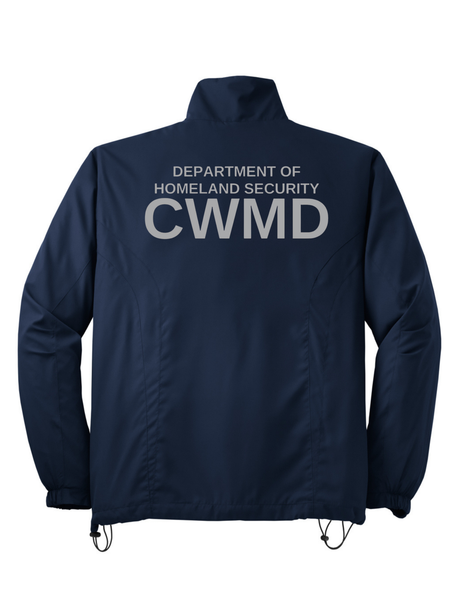 Countering Weapons of Mass Destruction Office (CWMD) Men's Sport Tek Full-Zip Wind Jacket Navy Blue back government employee uniform shirt