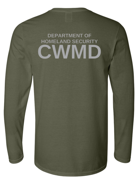 DHS Countering Weapons of Mass Destruction Office (CWMD) Unisex Softstyle Long Sleeve T-Shirt Drab Green back government employee uniform shirt