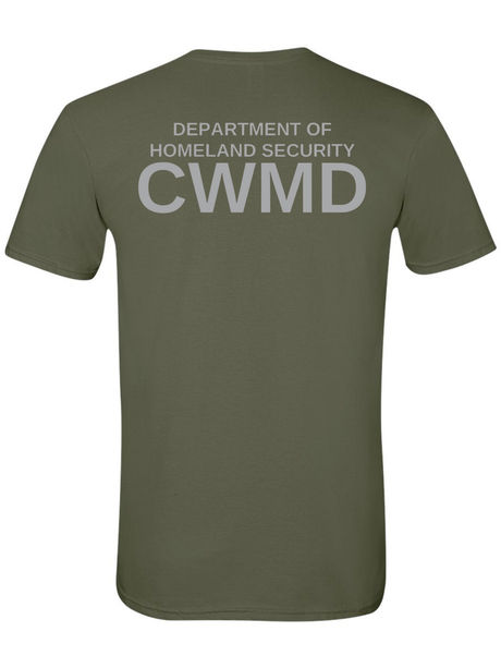 DHS Countering Weapons of Mass Destruction Office (CWMD) Unisex Softstyle T-Shirt Drab Green back government employee uniform shirt